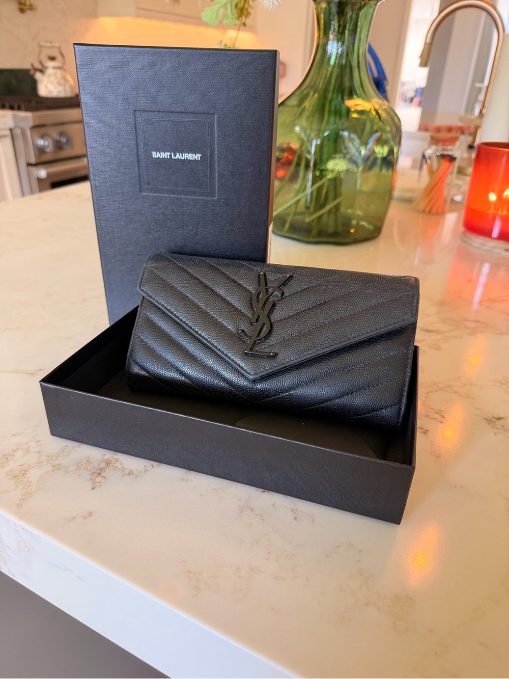 Saint Laurent Black Quilted Chevron Leather Wallet with YSL Logo